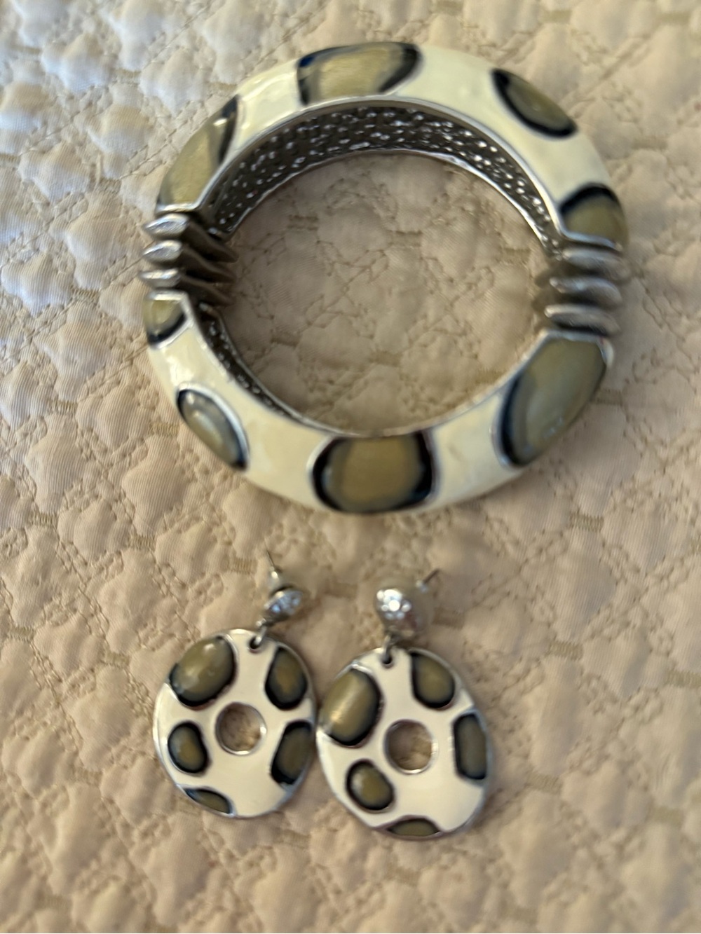Chico's Silver-Tone Bracelet with Cream and Black Resin Accents